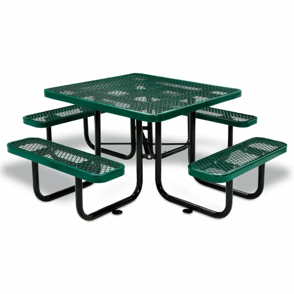 Global Industrial Expanded Steel Picnic Table, Square, 81 x 81 x 29.5, Green Top, Green Base/Legs