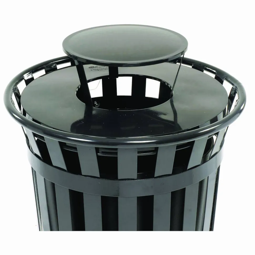 Global Industrial Outdoor Slatted Steel Trash Can, Rain Bonnet Lid, 36 gal, Black