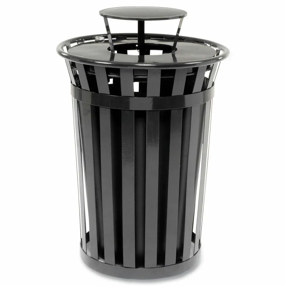 Global Industrial Outdoor Slatted Steel Trash Can, Rain Bonnet Lid, 36 gal, Black