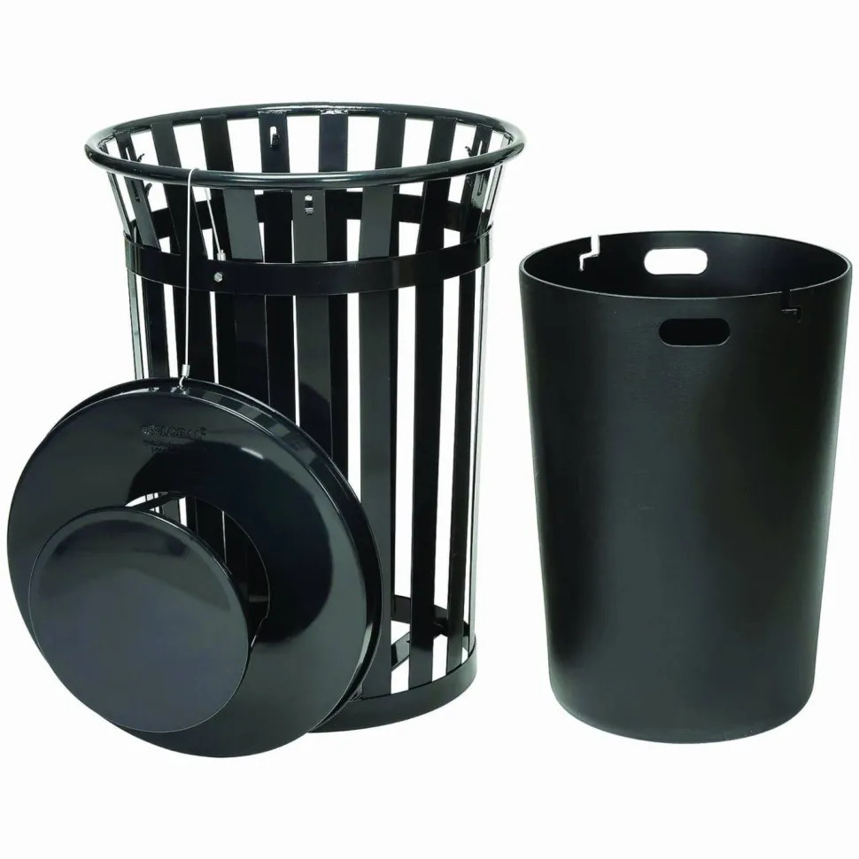 Global Industrial Outdoor Slatted Steel Trash Can, Rain Bonnet Lid, 36 gal, Black