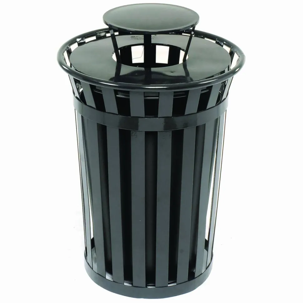 Global Industrial Outdoor Slatted Steel Trash Can, Rain Bonnet Lid, 36 gal, Black