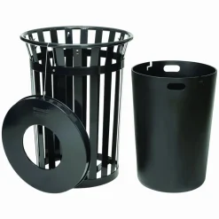 Global Industrial Outdoor Slatted Steel Trash Can, 36 gal, Black