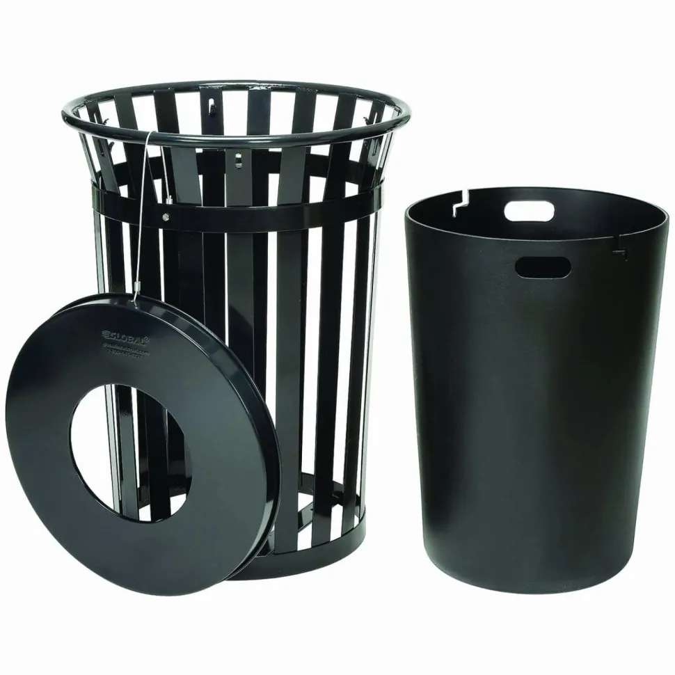 Global Industrial Outdoor Slatted Steel Trash Can, 36 gal, Black