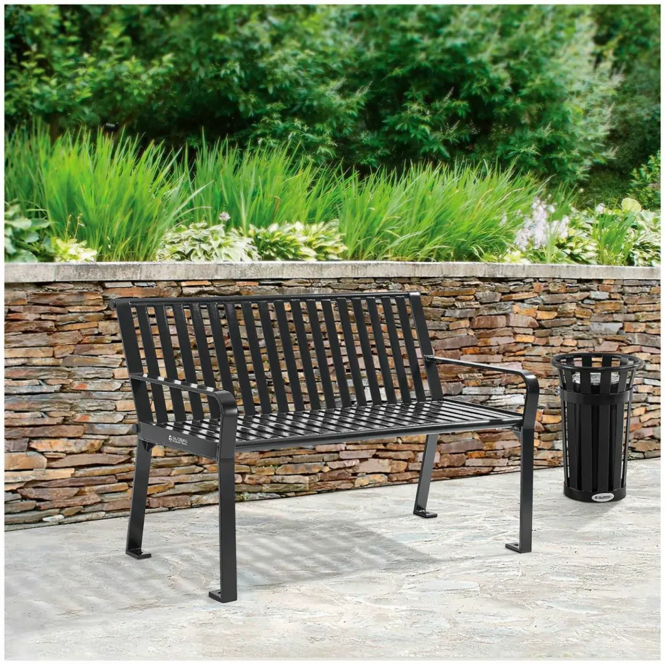 Global Industrial Steel Slat Benches with Back, 48" x 27" x 31", Black Seat/Back, Black Base