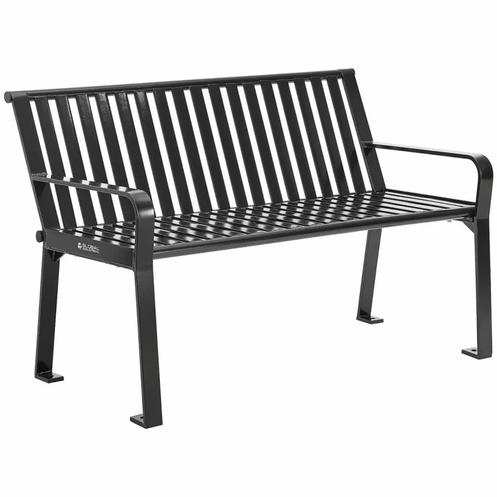Global Industrial Steel Slat Benches with Back, 48" x 27" x 31", Black Seat/Back, Black Base