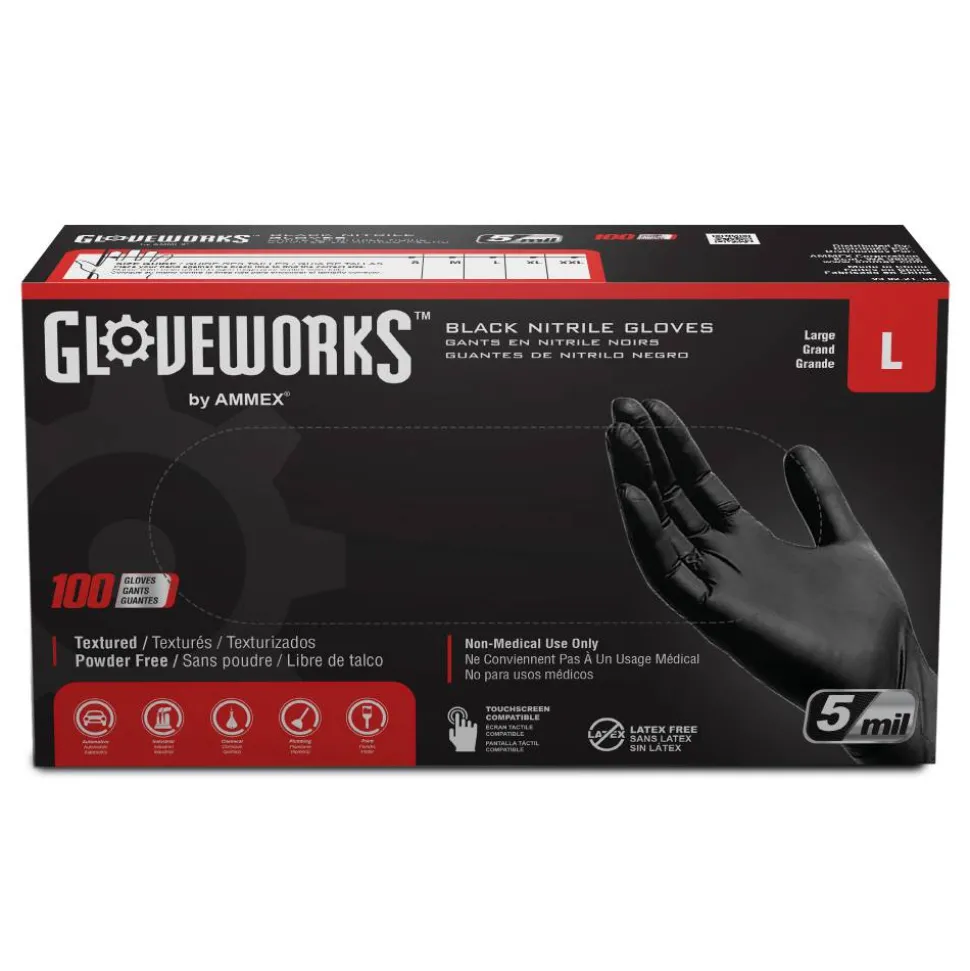 Gloveworks Black Nitrile Industrial Powder-Free Disposable Gloves, Large, Black, Box Of 100 Gloves