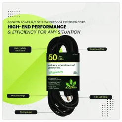 GoGreen Power 14 AWG Lighted End Heavy-Duty Extension Cord, 50 ft, 15 A, Black