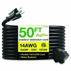 GoGreen Power 14 AWG Lighted End Heavy-Duty Extension Cord, 50 ft, 15 A, Black