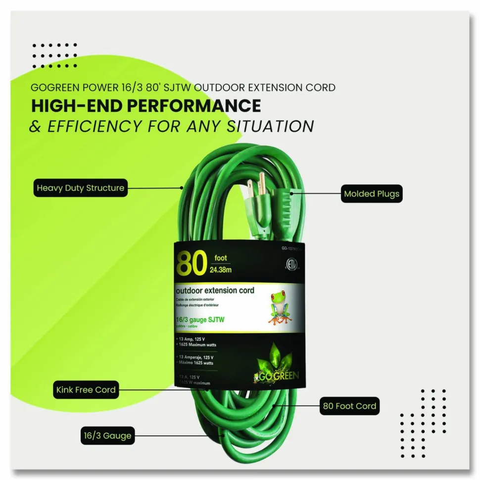 GoGreen Power 16 AWG Outdoor Extension Cord, 80 ft, 10 A, Green