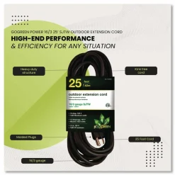 GoGreen Power 16 AWG Outdoor Extension Cord, 25 ft, 13 A, Black