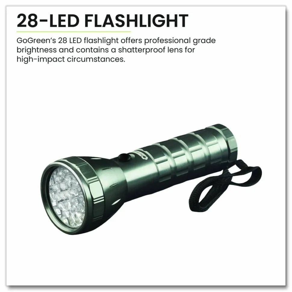 GoGreen Power 28 LED Professional Flashlight, 3 AAA Batteries (Included), Black/Silver
