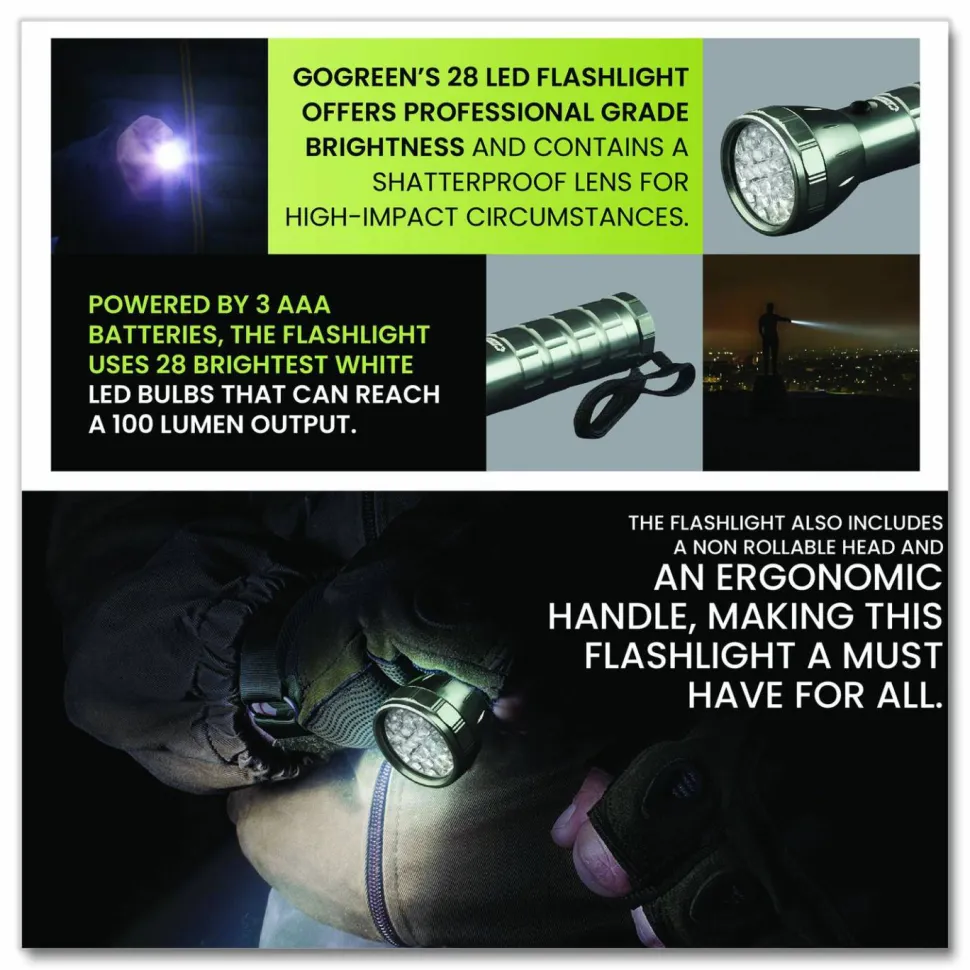 GoGreen Power 28 LED Professional Flashlight, 3 AAA Batteries (Included), Black/Silver