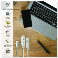 GoGreen Power 3 Outlet Indoor Extension Cord, 8 ft, 13 A, White