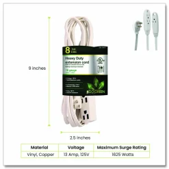 GoGreen Power 3 Outlet Indoor Extension Cord, 8 ft, 13 A, White