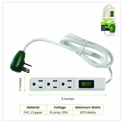 GoGreen Power 3 Outlet Power Strip, 2.5 ft Cord, White, 3/Pack
