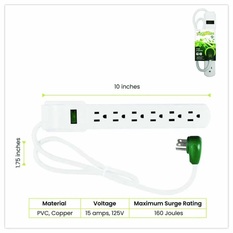 GoGreen Power 6 Outlet Surge Protector, 2.5 ft Cord, 160 J, White