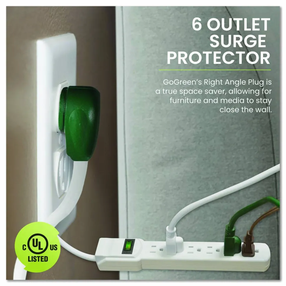 GoGreen Power 6 Outlet Surge Protector, 2.5 ft Cord, 160 J, White