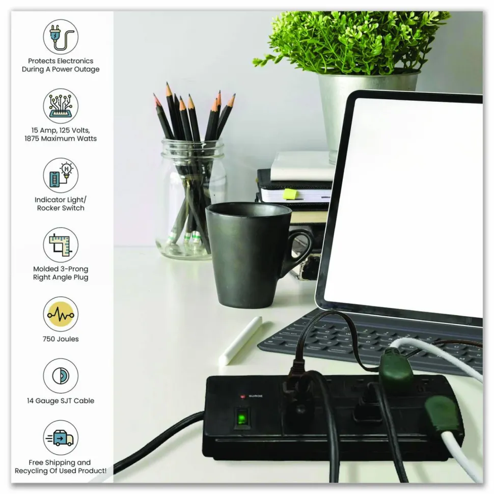 GoGreen Power 8 Outlet Surge Protector, 6 ft Cord, 750 J, Black