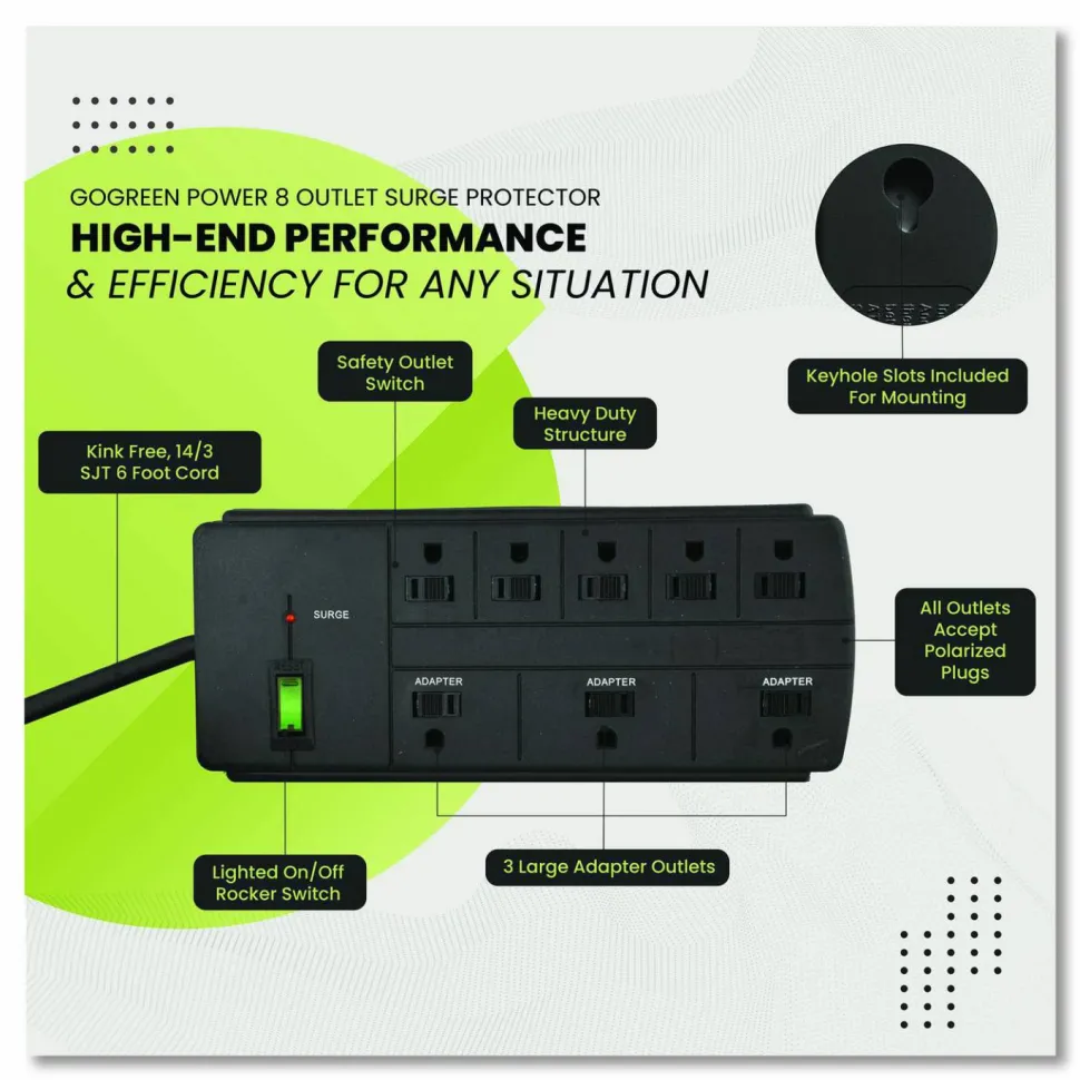 GoGreen Power 8 Outlet Surge Protector, 6 ft Cord, 750 J, Black