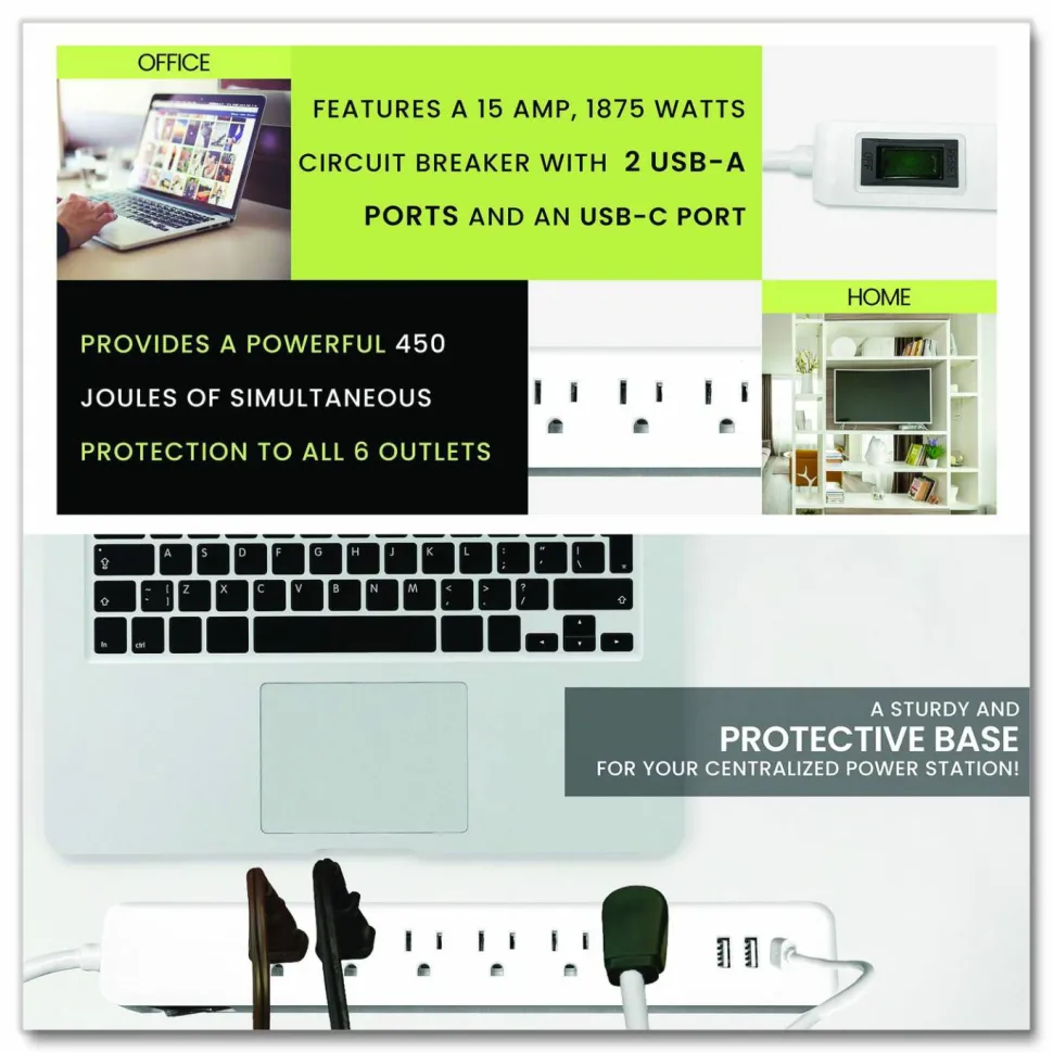 GoGreen Power 6 Outlet Surge Protector with USB, 6 AC Outlets/3 USB Ports, 6 ft Cord, 450 J, White