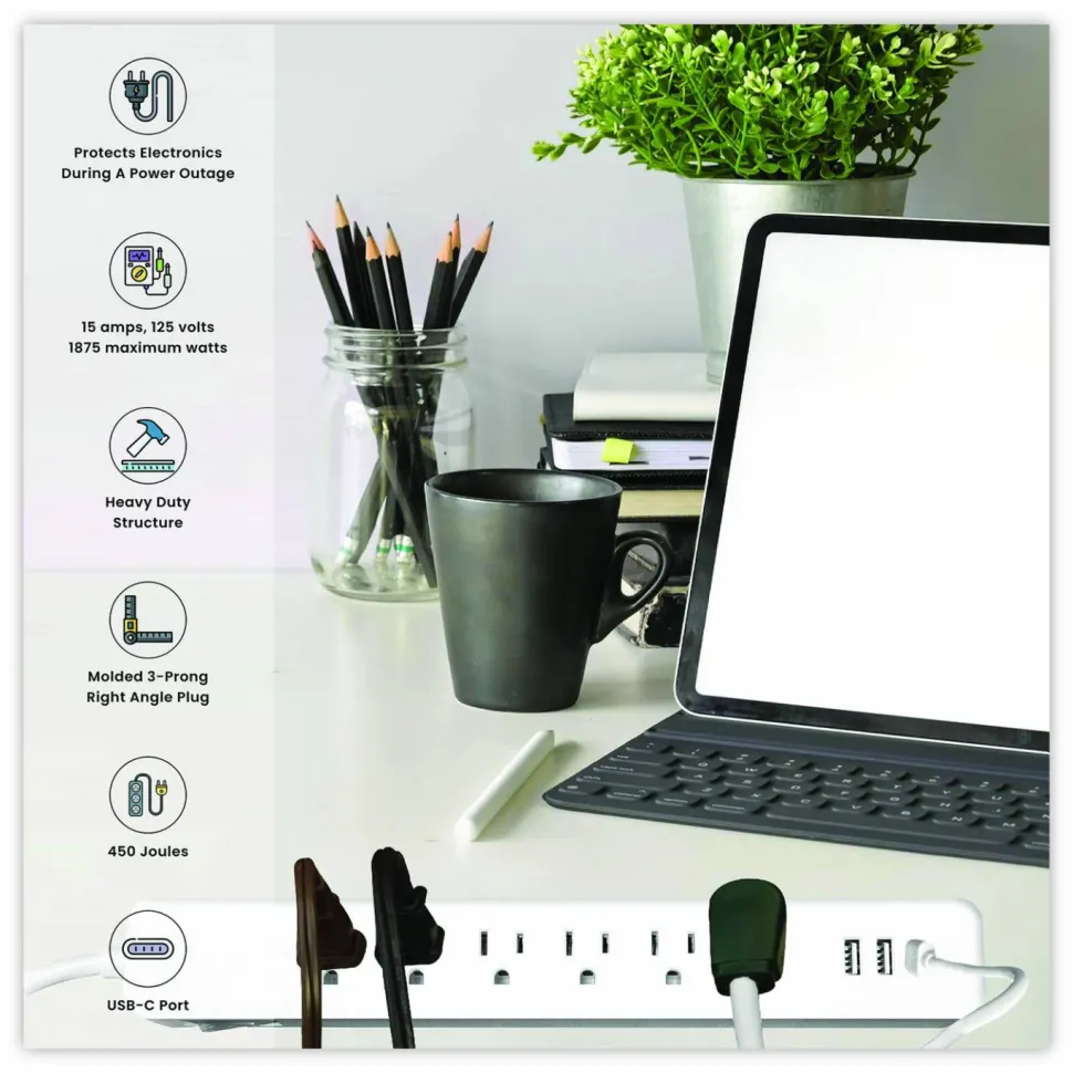 GoGreen Power 6 Outlet Surge Protector with USB, 6 AC Outlets/3 USB Ports, 6 ft Cord, 450 J, White