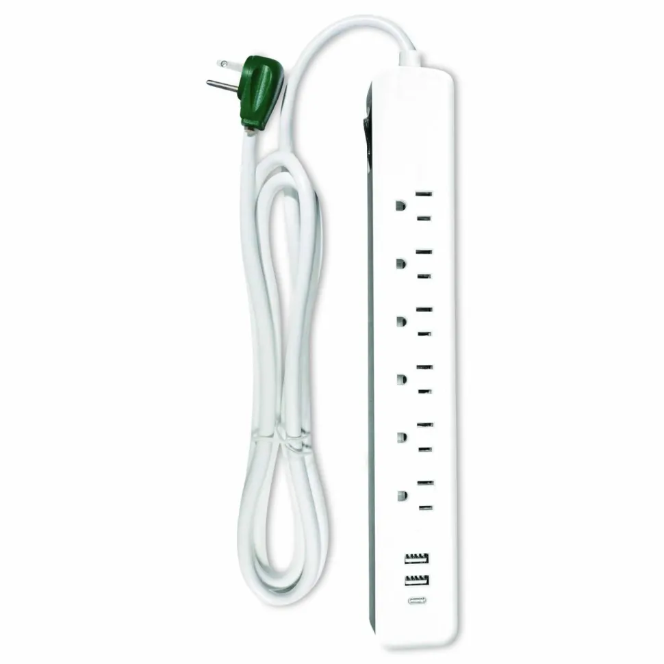 GoGreen Power 6 Outlet Surge Protector with USB, 6 AC Outlets/3 USB Ports, 6 ft Cord, 450 J, White