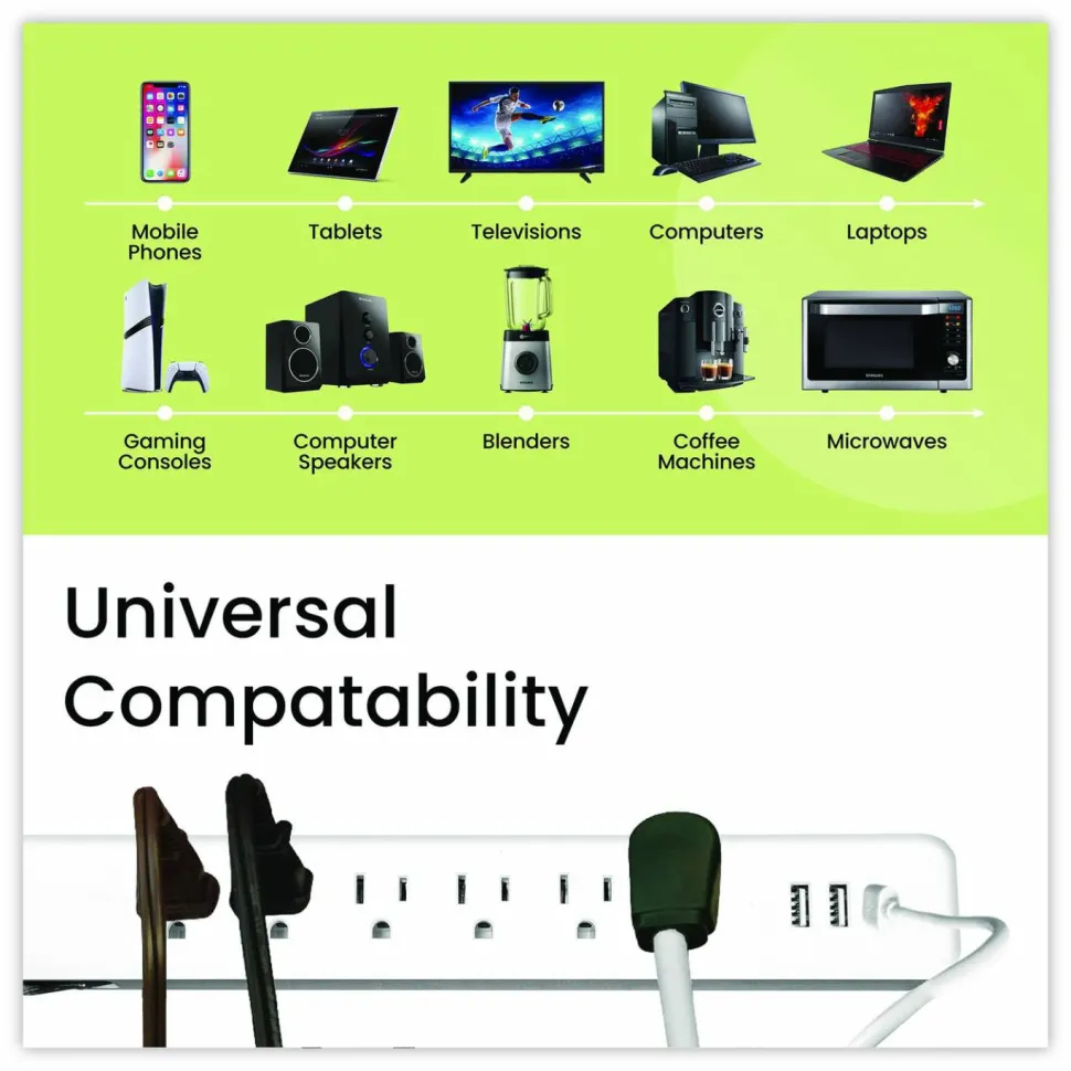 GoGreen Power 6 Outlet Surge Protector with USB, 6 AC Outlets/3 USB Ports, 6 ft Cord, 450 J, White