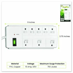 GoGreen Power 8 Outlet Surge Protector, 6 ft Cord, 750 J, White