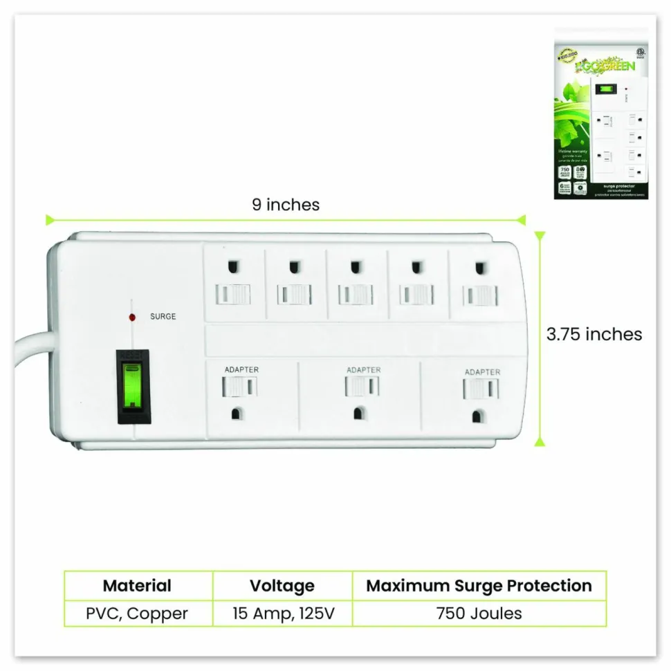 GoGreen Power 8 Outlet Surge Protector, 6 ft Cord, 750 J, White
