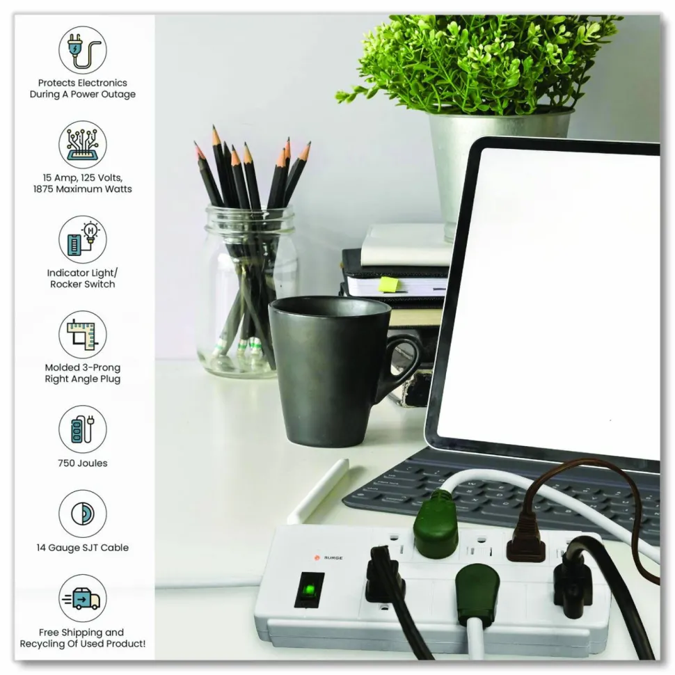 GoGreen Power 8 Outlet Surge Protector, 6 ft Cord, 750 J, White