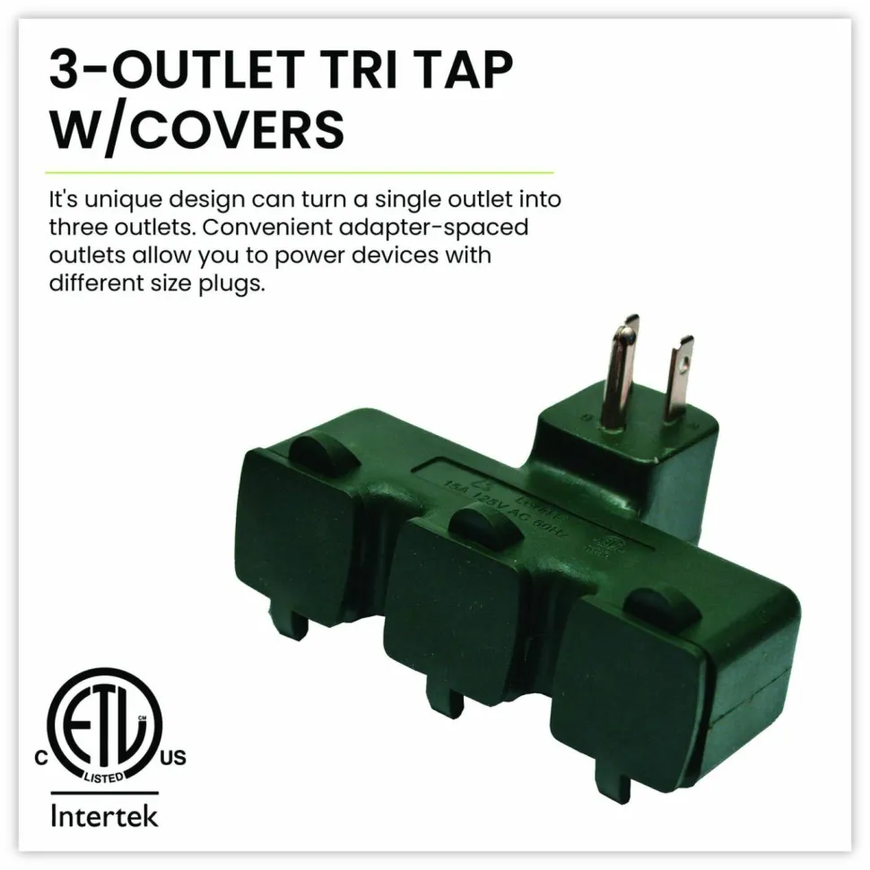GoGreen Power 3-Outlet Tri Tap Adapter with Covers, 3 Outlets, Green