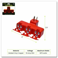 GoGreen Power 3-Outlet Tri Tap Adapter with Covers, Orange