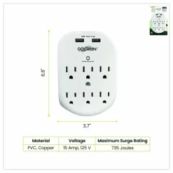 GoGreen Power 6 Outlet 4 USB Wall Tap, 735 J, White