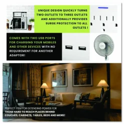 GoGreen Power 3 Outlet 2 USB Wall Tap, 735 J, White