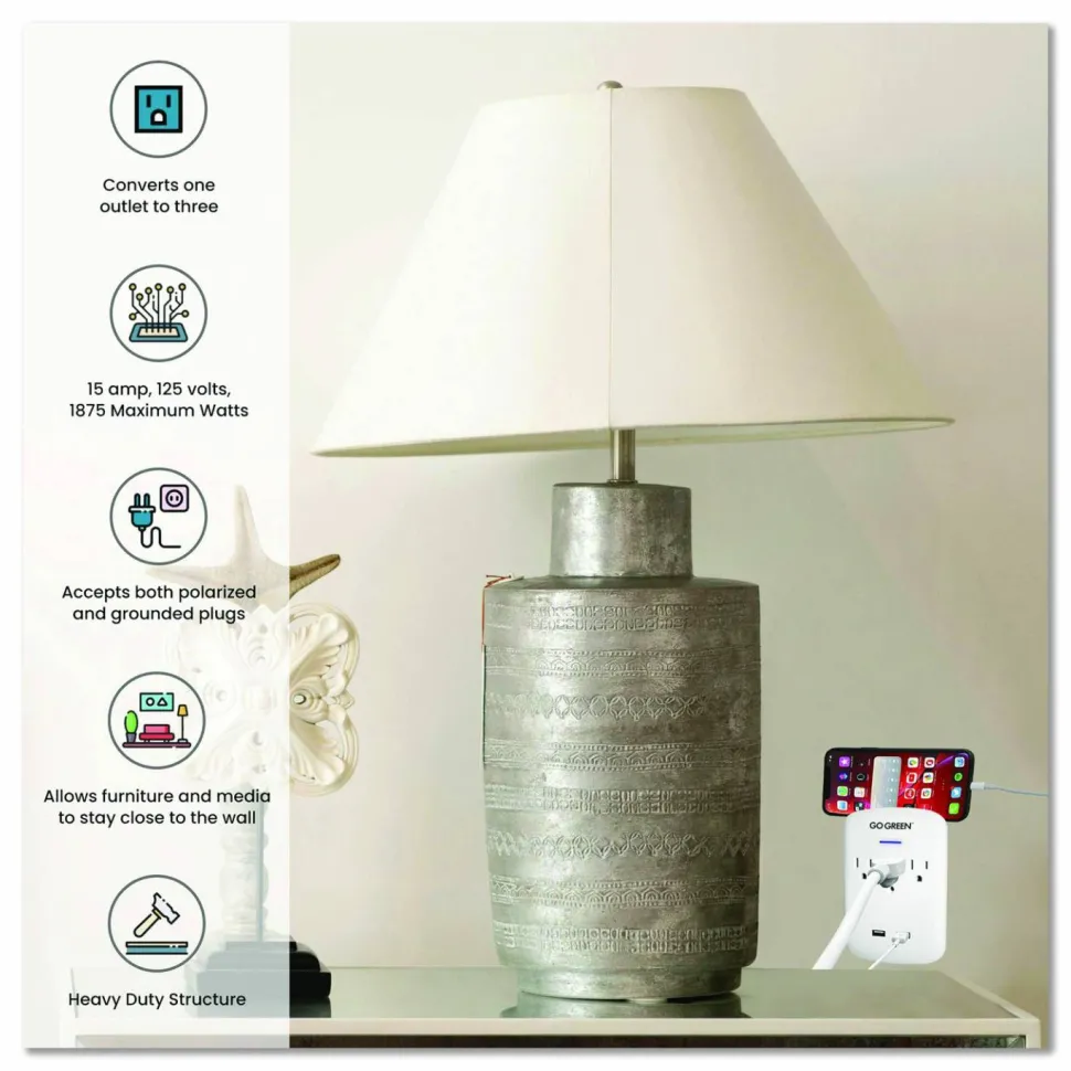 GoGreen Power 3 Outlet 2 USB Wall Tap, 735 J, White