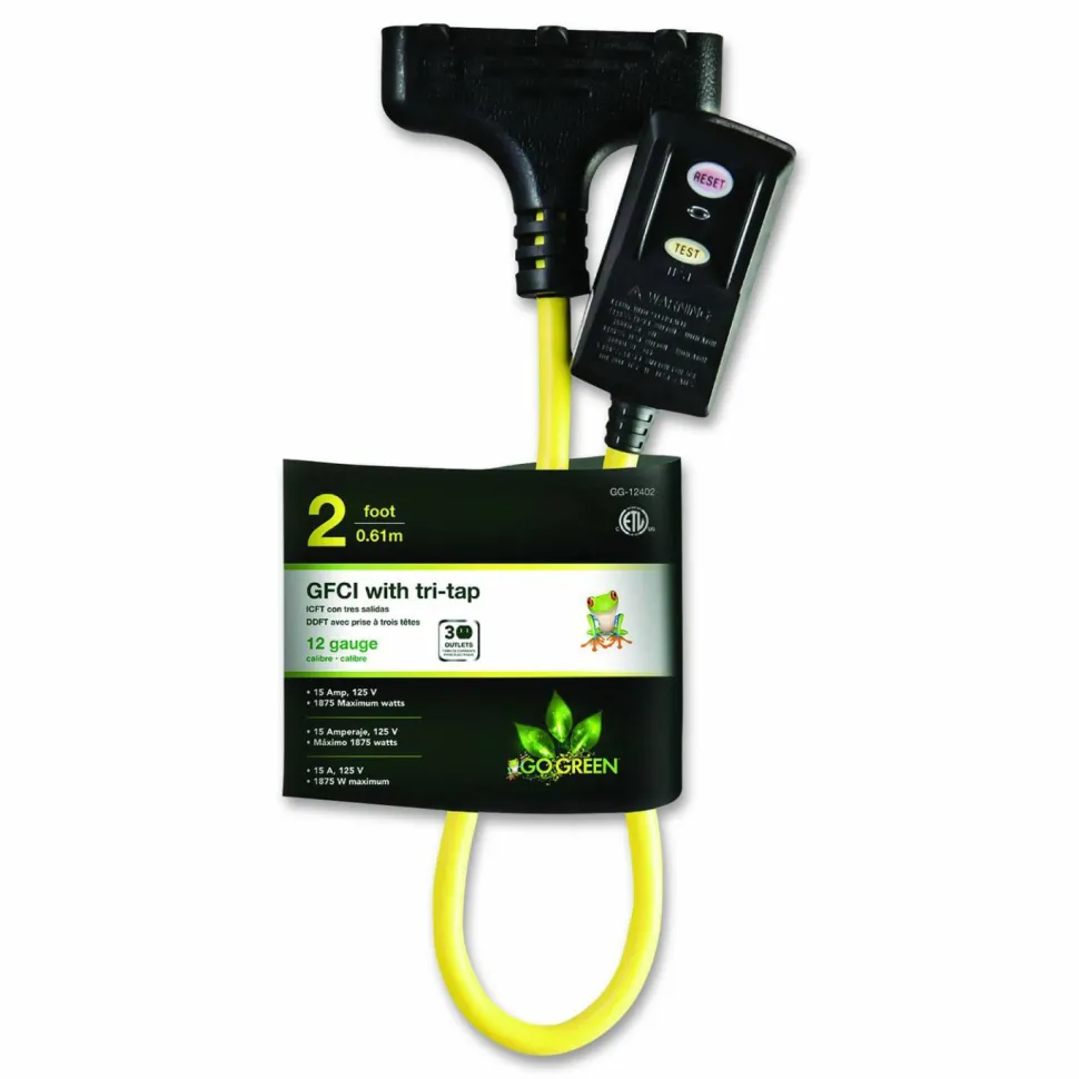 GoGreen Power Portable Tri-Tap with GFCI, 3 Outlets, 2 ft Cord, Yellow