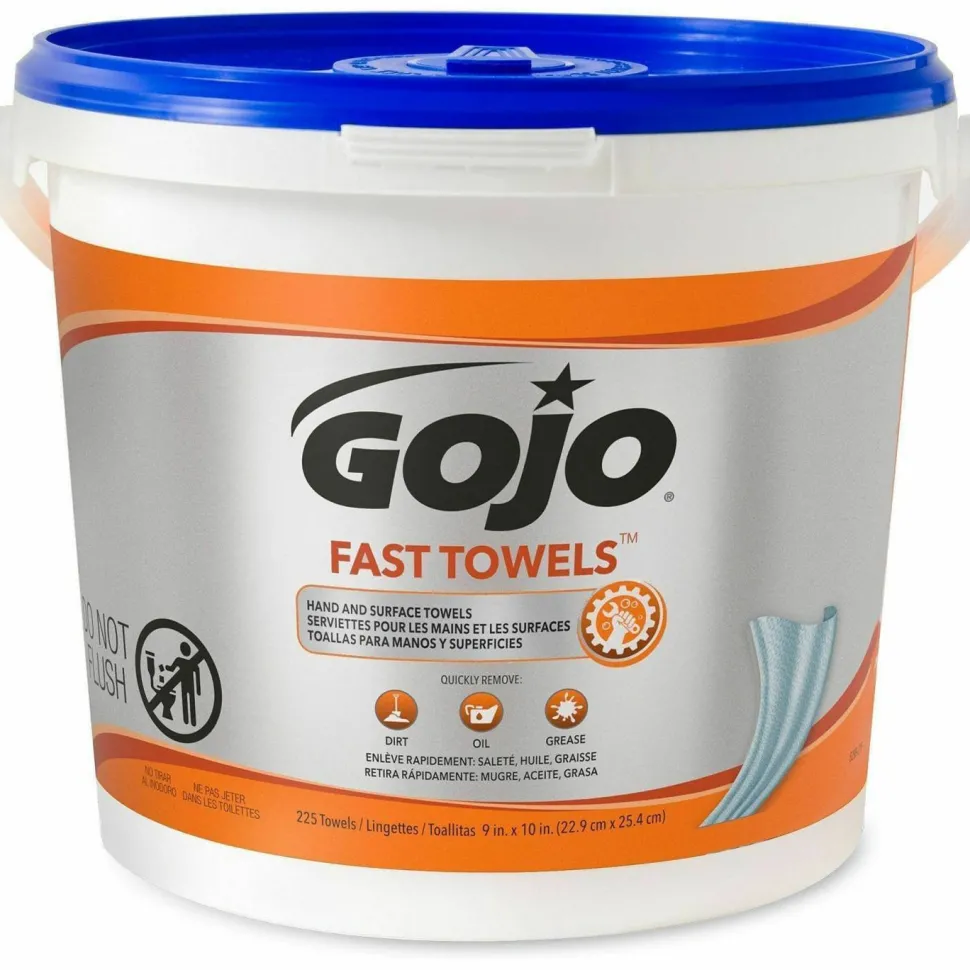 GOJO FAST TOWELS Hand Cleaning Towels, 9 x 10, Fresh Citrus, Blue, 225/Bucket, 2 Buckets/Carton