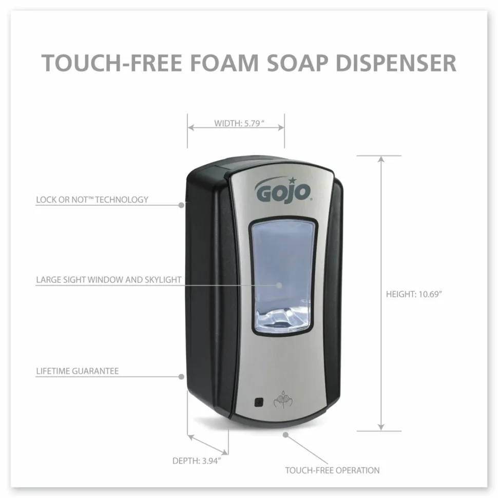 GOJO LTX-12 Touch-Free Dispenser, 1,200 mL, 5.75 x 3.33 x 10.5, Brushed Chrome/Black