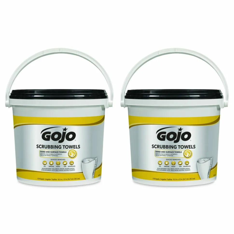 GOJO Scrubbing Towels, Hand Cleaning, Orange Scent, White/Yellow, 170/Bucket, 2 Buckets/Carton