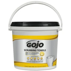 GOJO Scrubbing Towels, Hand Cleaning, Orange Scent, White/Yellow, 170/Bucket, 2 Buckets/Carton