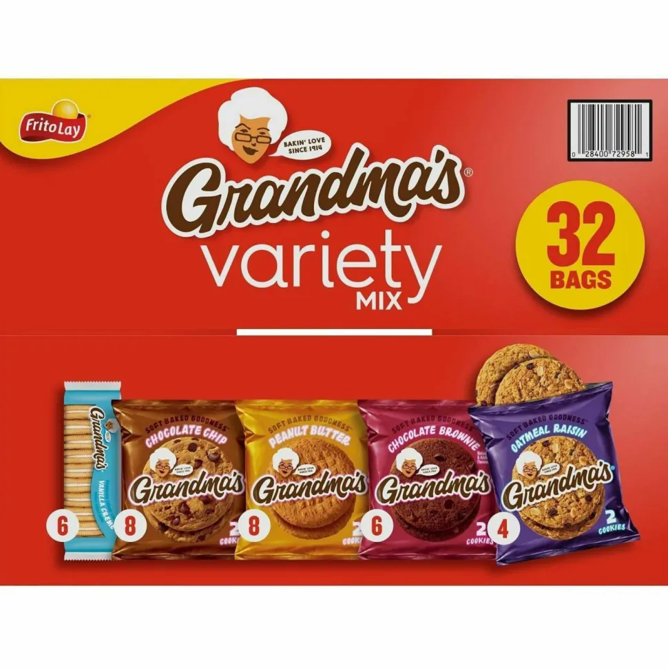 Grandma's Cookies Variety Tray, Assorted Flavors, (6) 3.25 oz, (26) 2.5 oz, 32 Bags/Carton