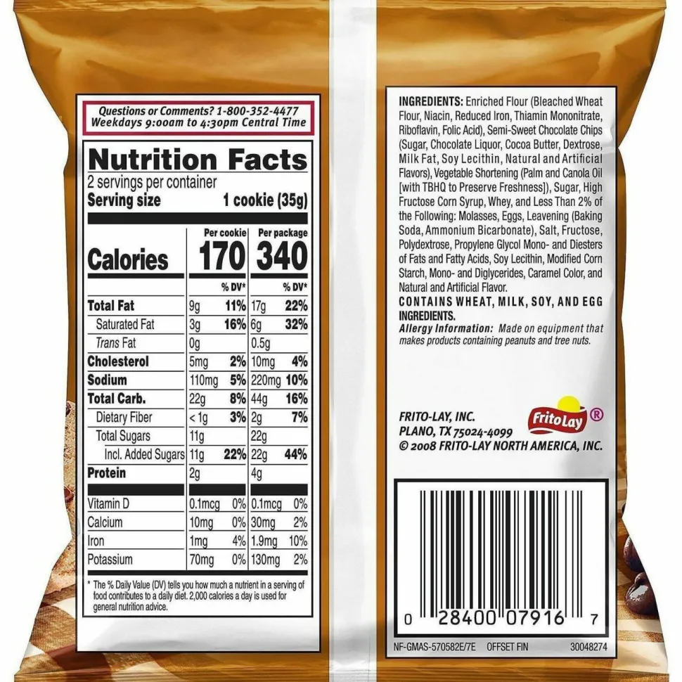 Grandma's Homestyle Chocolate Chip Cookies, 2.5 oz Pack, 2 Cookies/Pack, 60 Packs/Carton