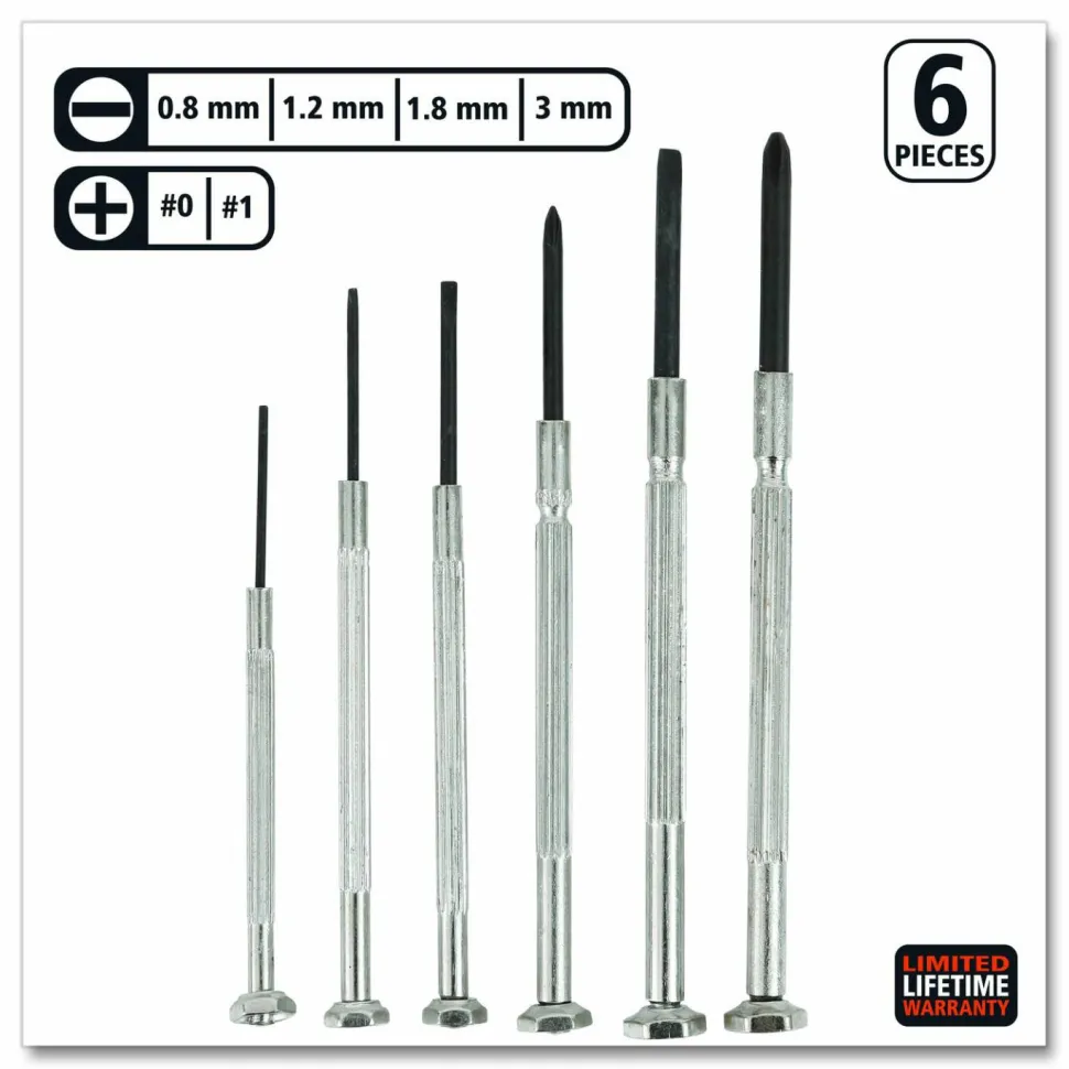 Great Neck Precision Screwdriver Set, Six-Piece, Phillips/Slotted, Assorted Lengths, Polished Steel Handles