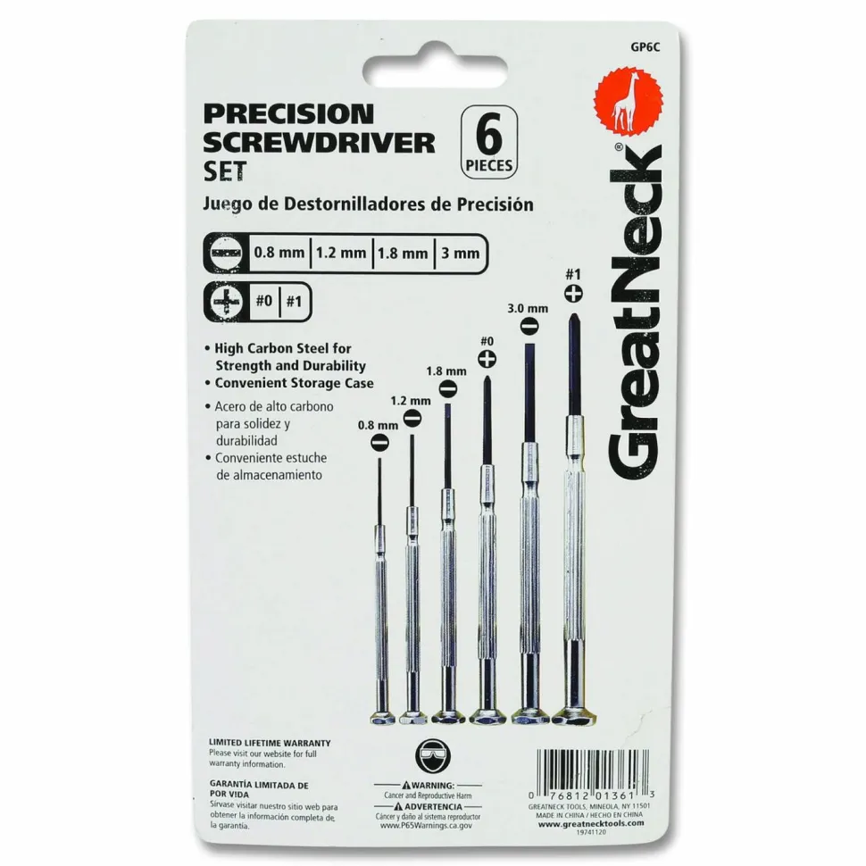 Great Neck Precision Screwdriver Set, Six-Piece, Phillips/Slotted, Assorted Lengths, Polished Steel Handles