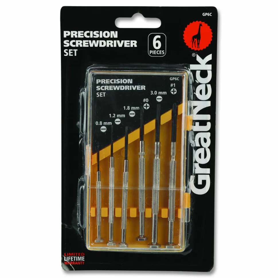 Great Neck Precision Screwdriver Set, Six-Piece, Phillips/Slotted, Assorted Lengths, Polished Steel Handles