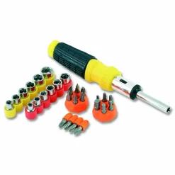 Great Neck Ratcheting Screw/Nut Driver Set, 34-Piece, Hex/Phillips/Slotted/Star Bits, Metric/SAE Sockets, 8" Long, Yellow/Black Handle