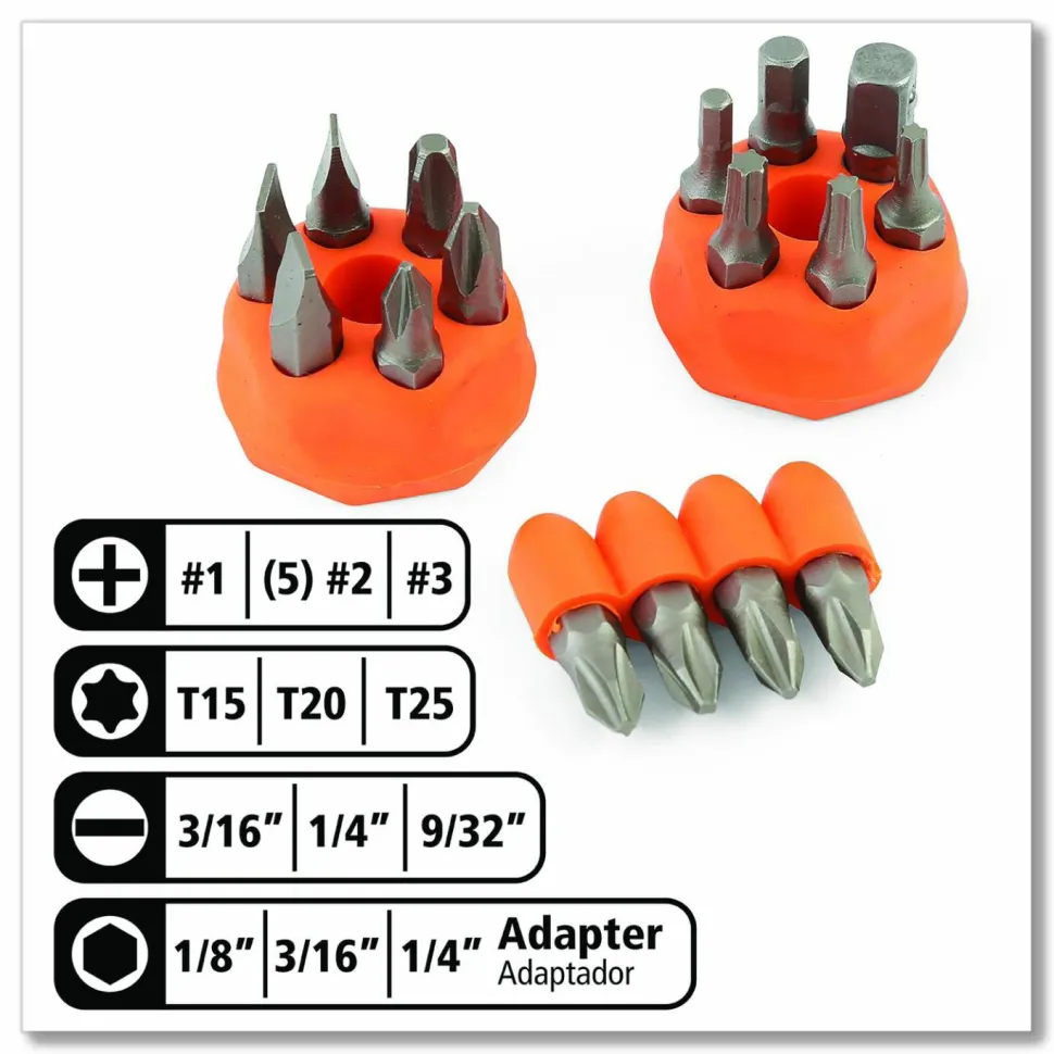 Great Neck Ratcheting Screw/Nut Driver Set, 34-Piece, Hex/Phillips/Slotted/Star Bits, Metric/SAE Sockets, 8" Long, Yellow/Black Handle