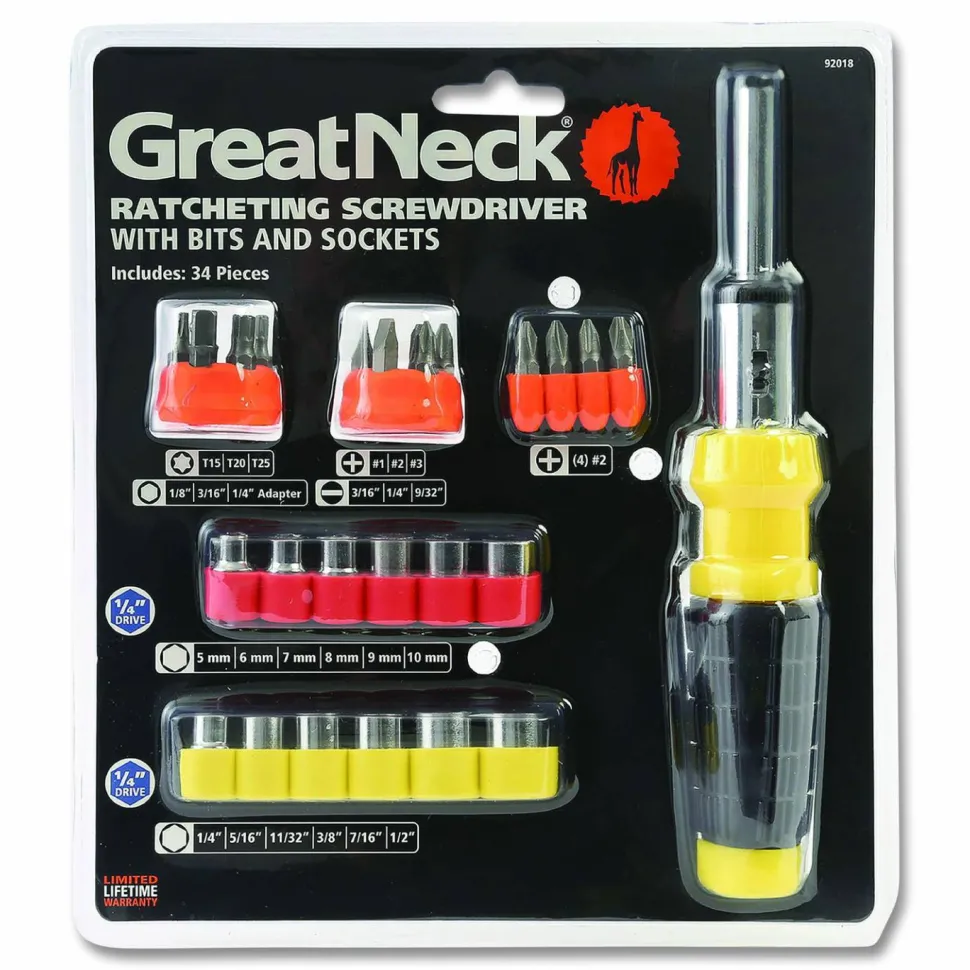 Great Neck Ratcheting Screw/Nut Driver Set, 34-Piece, Hex/Phillips/Slotted/Star Bits, Metric/SAE Sockets, 8" Long, Yellow/Black Handle