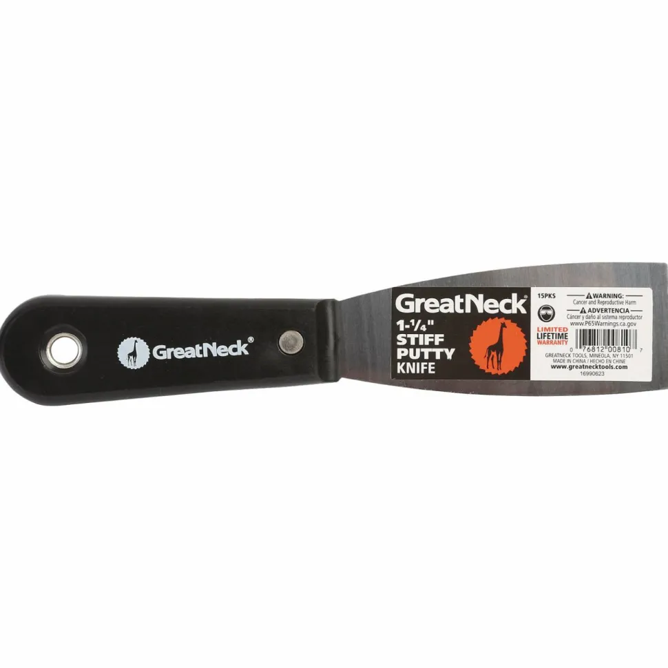 Great Neck Stiff Blade Putty Knife - 1.25" Blade - Black Plastic Handle - Durable