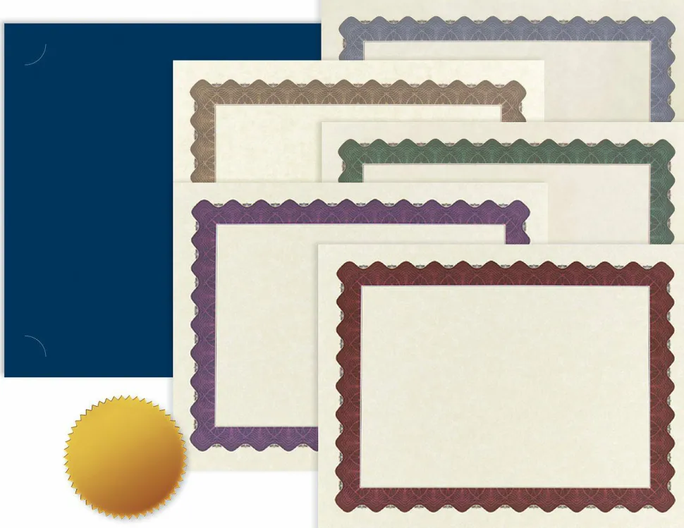 Great Papers! Certificate Kit, Navy Backers 12" x 9.375", Assorted Printer Compatible 8.5" x 11 Metallic Border Certificates and Gold Foil Seals, 25 Sets